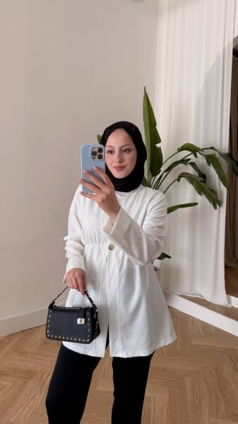 Belden Lastikli Ceket beyaz - 1