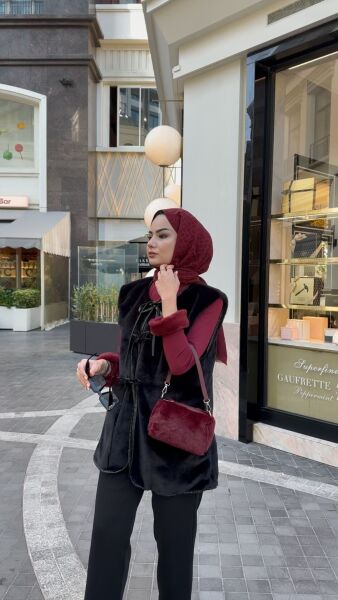 Bağlamalı Peluş Angora Yelek siyah - s-m