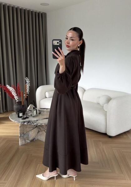 BELLA FULAR DETAYLI BAĞLAMALI ELBİSE kahve - 1(36-38)