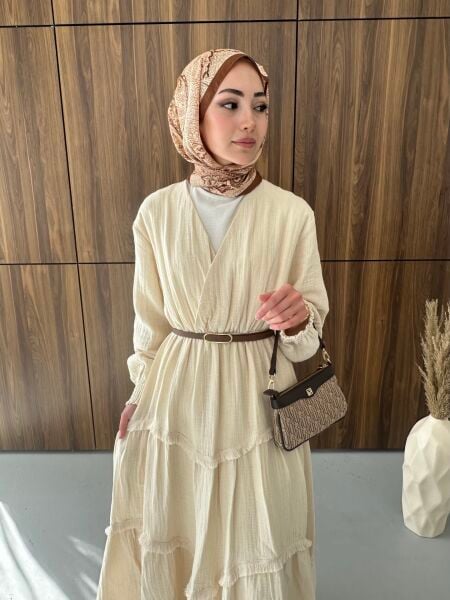 Müslin Astarlı Elbise bej - 2