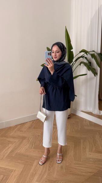 Pelerin Detaylı Bağcıklı Tunik lacivert - standart