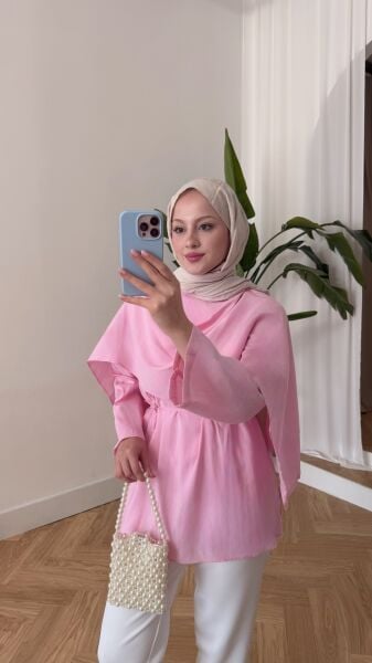 Pelerin Detaylı Bağcıklı Tunik şeker pembe - standart