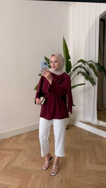 Pelerin Detaylı Bağcıklı Tunik bordo - standart