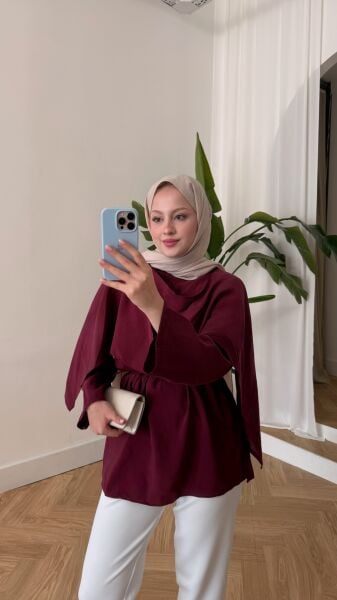 Pelerin Detaylı Bağcıklı Tunik bordo - standart