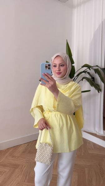 Pelerin Detaylı Bağcıklı Tunik sarı - standart