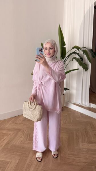 Nox Güpür Detaylı Takım şeker pembe - l
