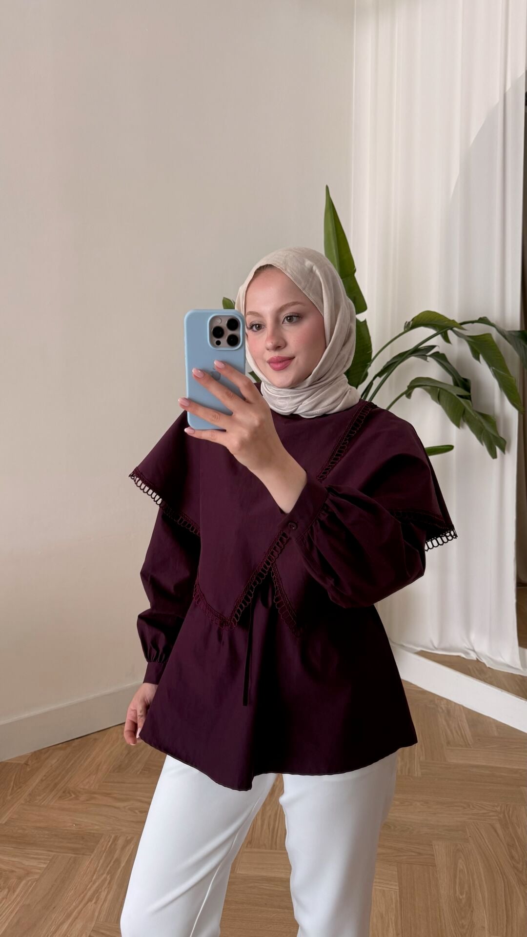 Asimetrik Kesim Bağcıklı Gömlek bordo - 1