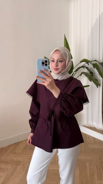 Asimetrik Kesim Bağcıklı Gömlek bordo - 2