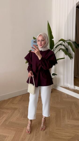 Asimetrik Kesim Bağcıklı Gömlek bordo - 2