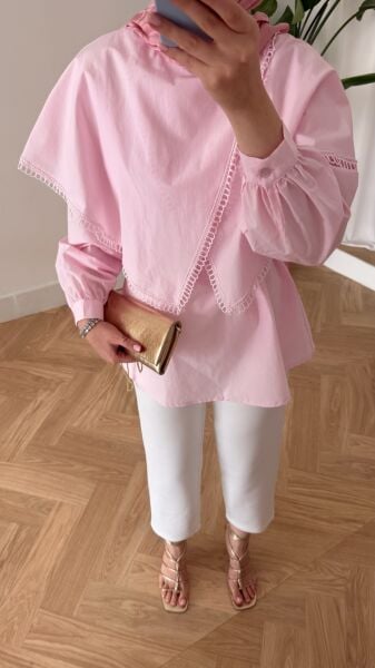 Asimetrik Kesim Bağcıklı Gömlek şeker pembe - 2
