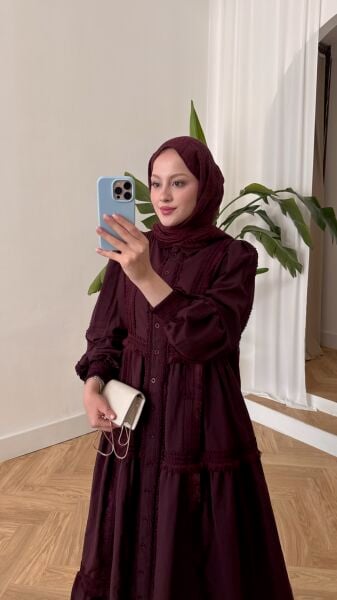 Düğmeli İthal Elbise bordo - 2