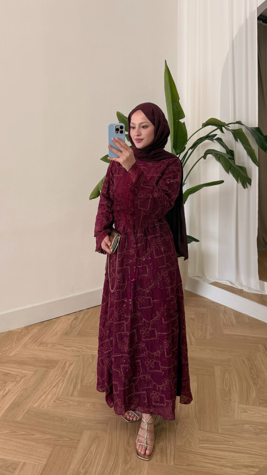 İşleme Detaylı Bağcıklı Elbise bordo - 1