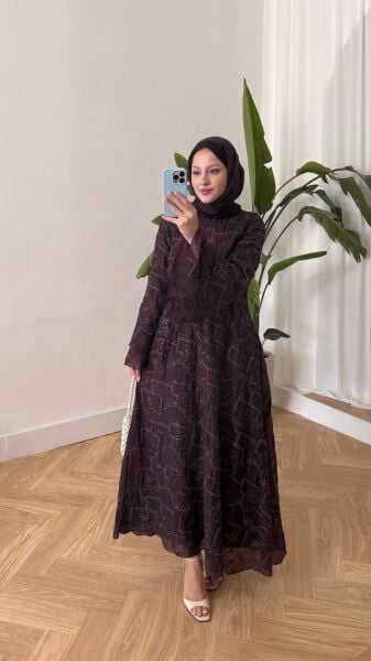 İşleme Detaylı Bağcıklı Elbise Mürdüm - 1