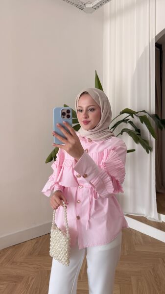 Gold Düğme Detaylı Tasarım Gömlek şeker pembe - 1
